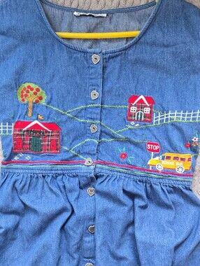 VTg Blue Denim Dress with Embroidered School Design
